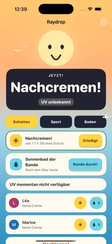 Nachcreme-Erinnerung in Raydrop, mit Strandflieger-Banner