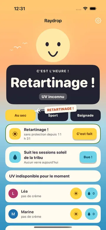 Alerte retartinage dans Raydrop, avec bannière d'avion de plage