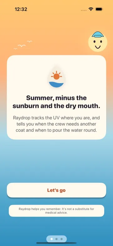 Raydrop's welcome screen: 'Summer, minus the sunburn and the dry mouth.'