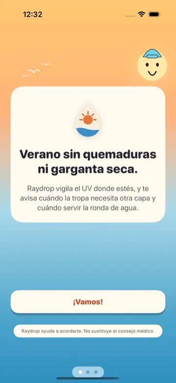 Pantalla de bienvenida de Raydrop: «Verano sin quemaduras ni garganta seca»