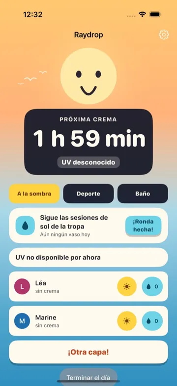 Pantalla principal de Raydrop: cuenta atrás para la próxima crema, ronda de agua, perfiles de la tropa