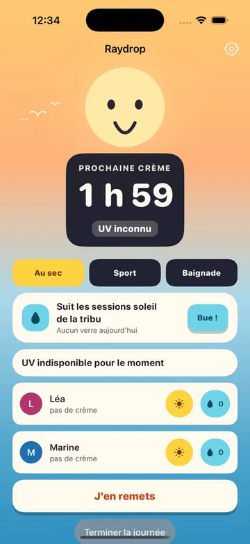 Écran principal Raydrop : décompte avant la prochaine crème, tournée d'eau, profils de la tribu